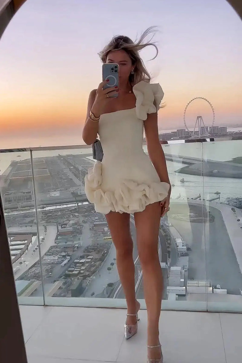 Vestido feminino de verão com cintura pod, ombro único, bolsa no peito, saia quadril, moda casual, maxi vestido para mulheres